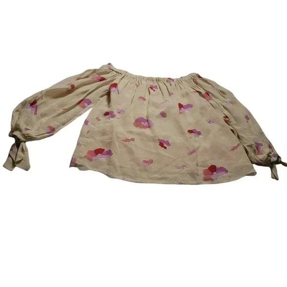 Jill stuart Off The Shoulder Blouse Womens M Ivory FloralBow 3/4 Sleeve hem tie - Picture 8 of 10